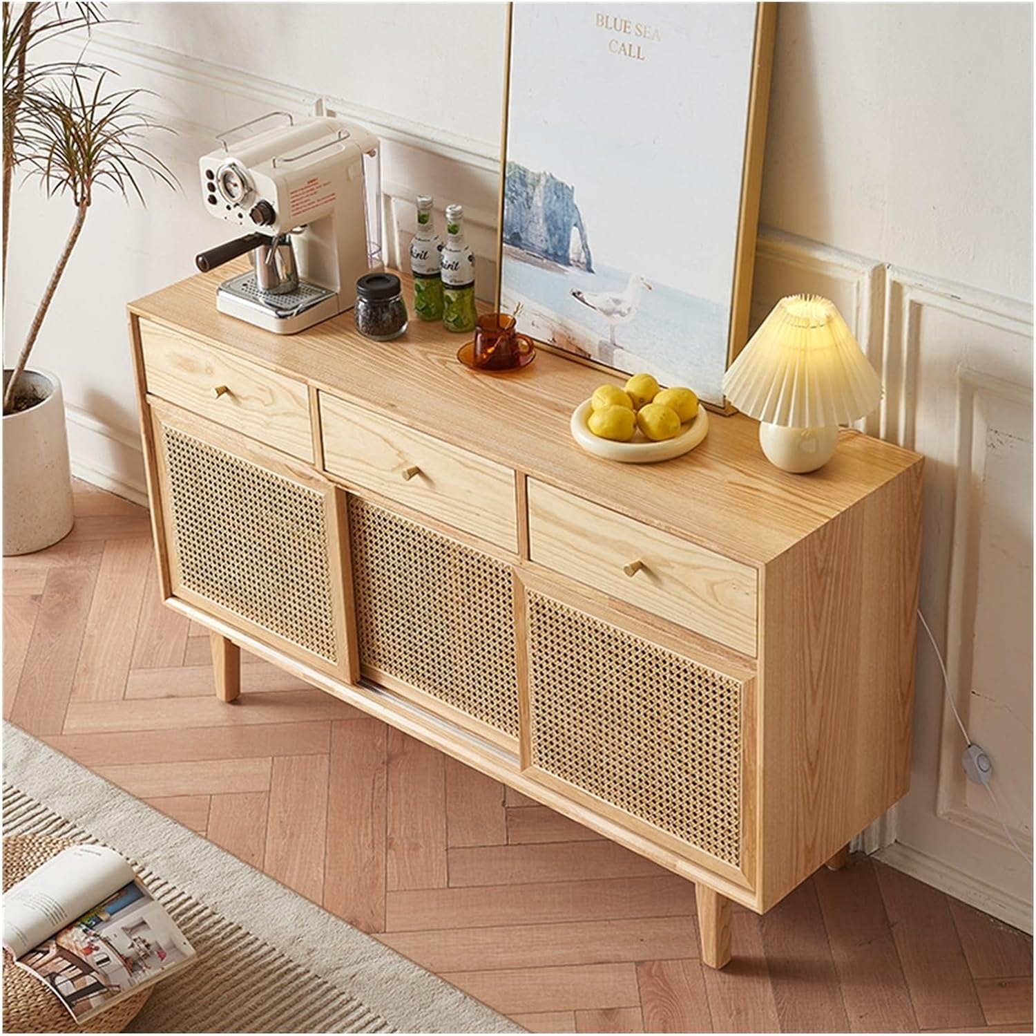 IKIFLY ラタンキャビネット 木製 サイドボード 幅120cm(3扉) Amazon.co